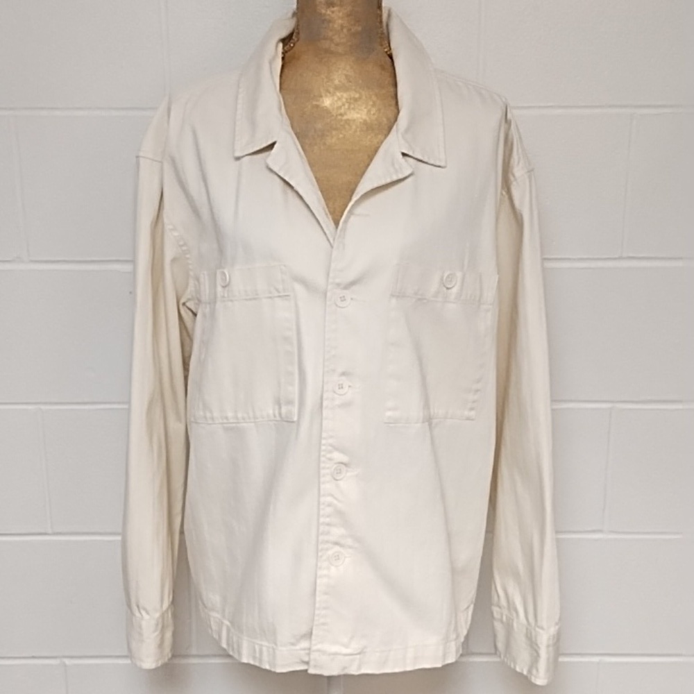 Original Use Large Cream Barn Coat Jacket 100% Cotton Texture Stripe Button Down